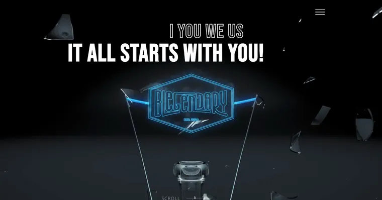 Blegendary home page with the glowing Blegendary crest under the I You We Us and It all starts with you headlines