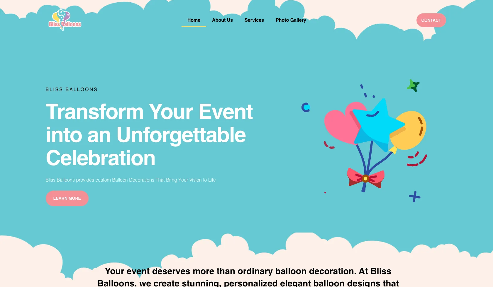 Bliss Balloons home page with the Transform Your Event into an Unforgettable Celebration headline