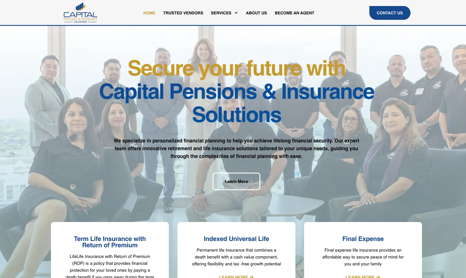 Capital Pensions & Insurance Solutions home page with the team photo behind the headline