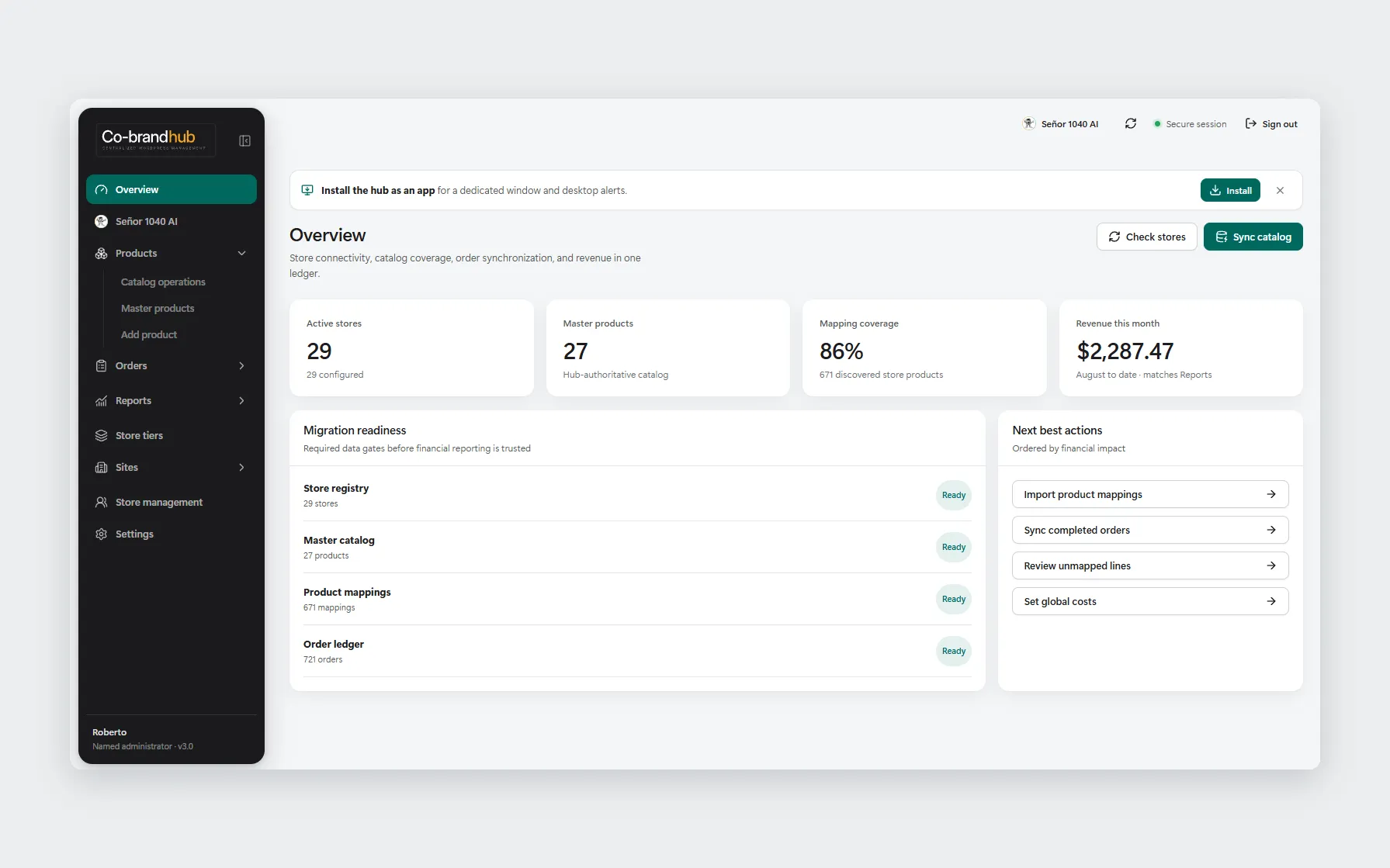 Pantalla general de Co-Brand Hub con tiendas activas, productos maestros, cobertura de mapeo e ingresos, junto al panel de preparación para migración