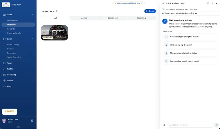 CPIS Hub incentives screen with the sidebar and the CPIS Advisor panel open