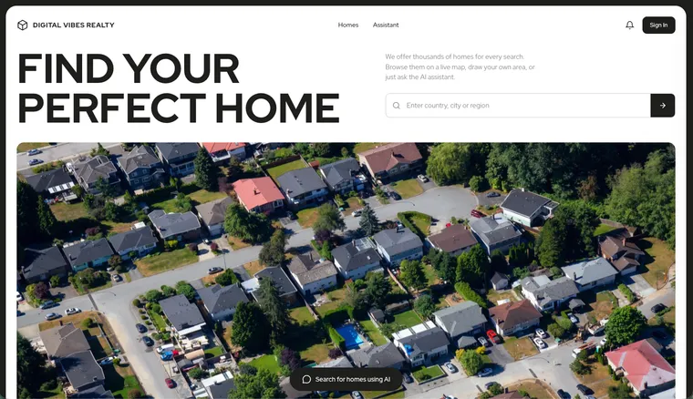 Digital Vibes Realty home search with an aerial view of a neighborhood