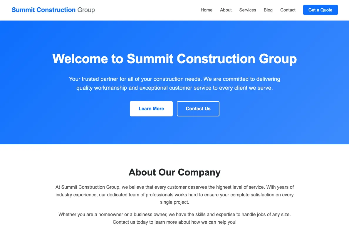 A generic blue construction-company template: stock headline, centered text blocks, no photography of the actual business