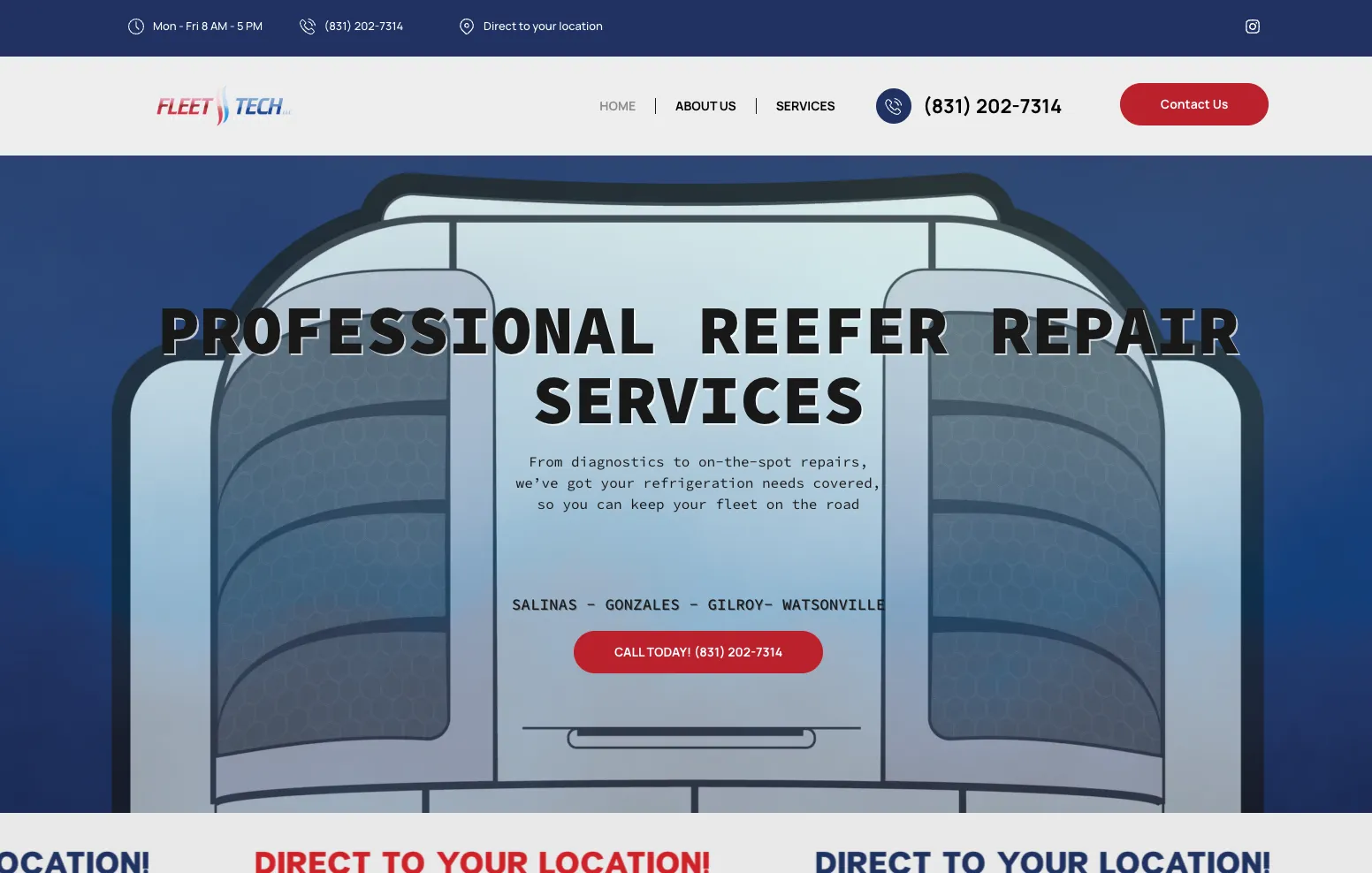 Fleet Tech LLC home page with the Professional Reefer Repair Services headline over a reefer unit