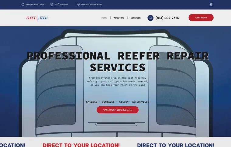 Fleet Tech LLC home page with the Professional Reefer Repair Services headline over a reefer unit