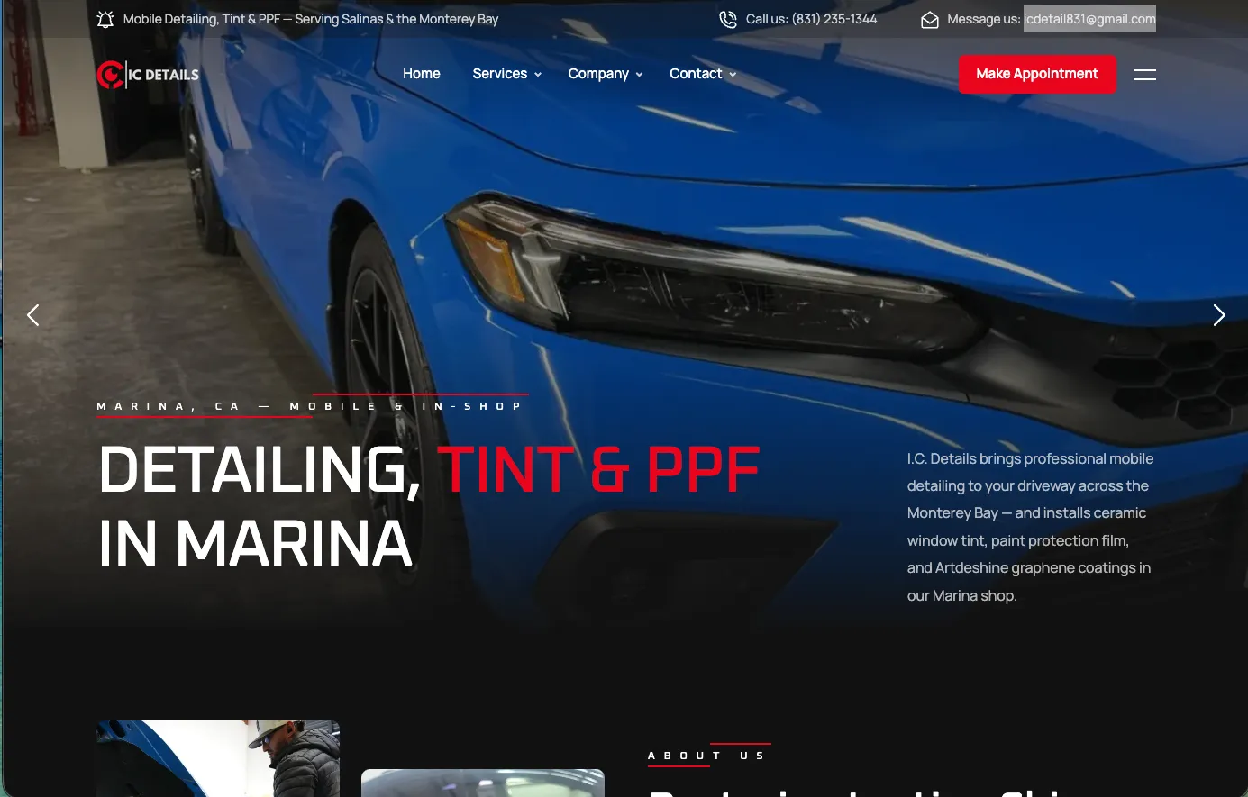 I.C. Details home page with a blue car and the Detailing, Tint & PPF in Marina headline