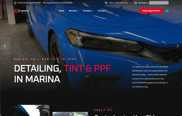 I.C. Details home page with a blue car and the Detailing, Tint & PPF in Marina headline