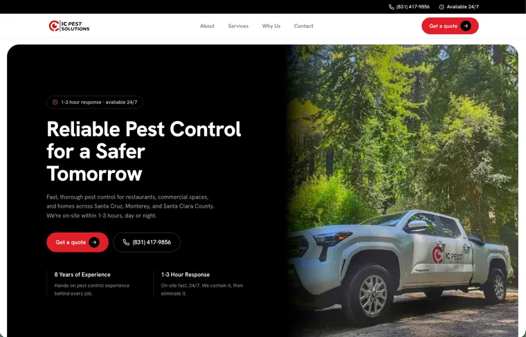 IC Pest Solutions home page with the Reliable Pest Control for a Safer Tomorrow headline and a service truck