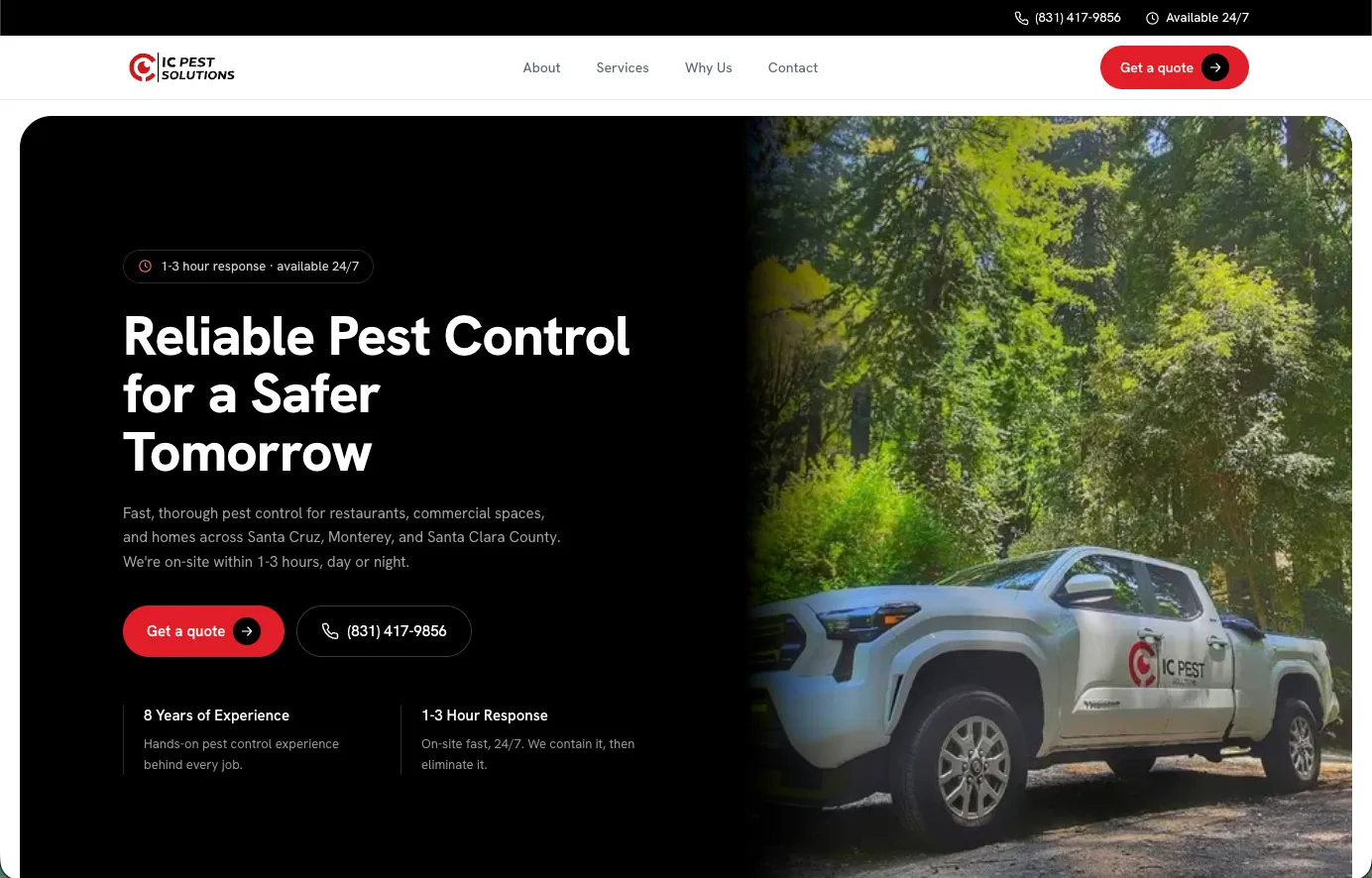 IC Pest Solutions home page with the Reliable Pest Control for a Safer Tomorrow headline and a service truck