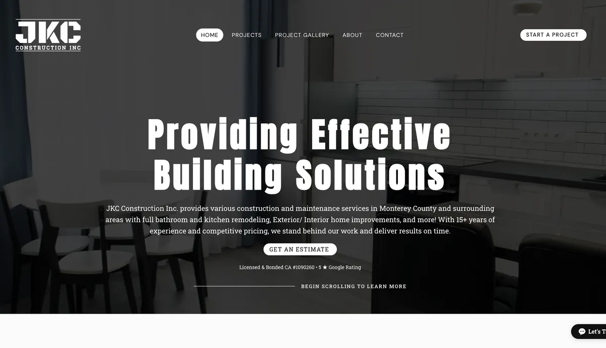 The JKC Construction home page we built: a dark remodelled-kitchen hero, a bold Providing Effective Building Solutions headline, and the license number and Google rating sitting under the estimate button