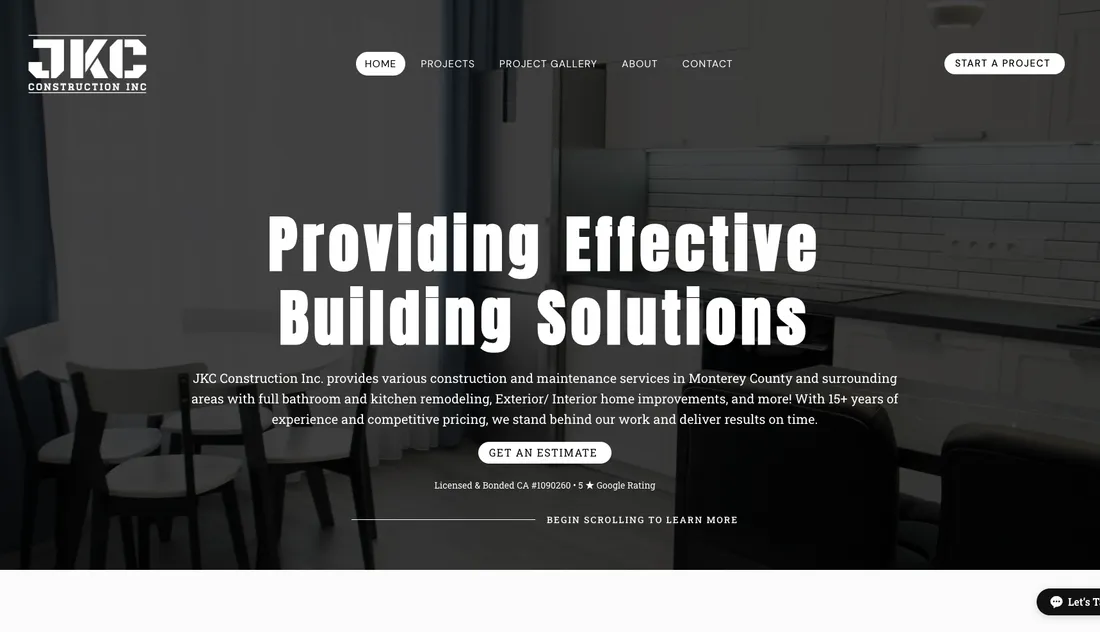 JKC Construction Inc. home page with the Providing Effective Building Solutions headline