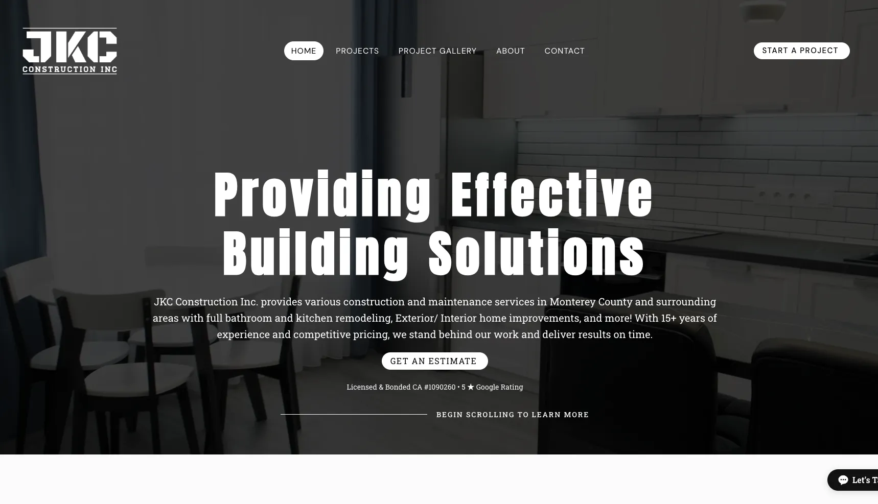 JKC Construction Inc. home page with the Providing Effective Building Solutions headline