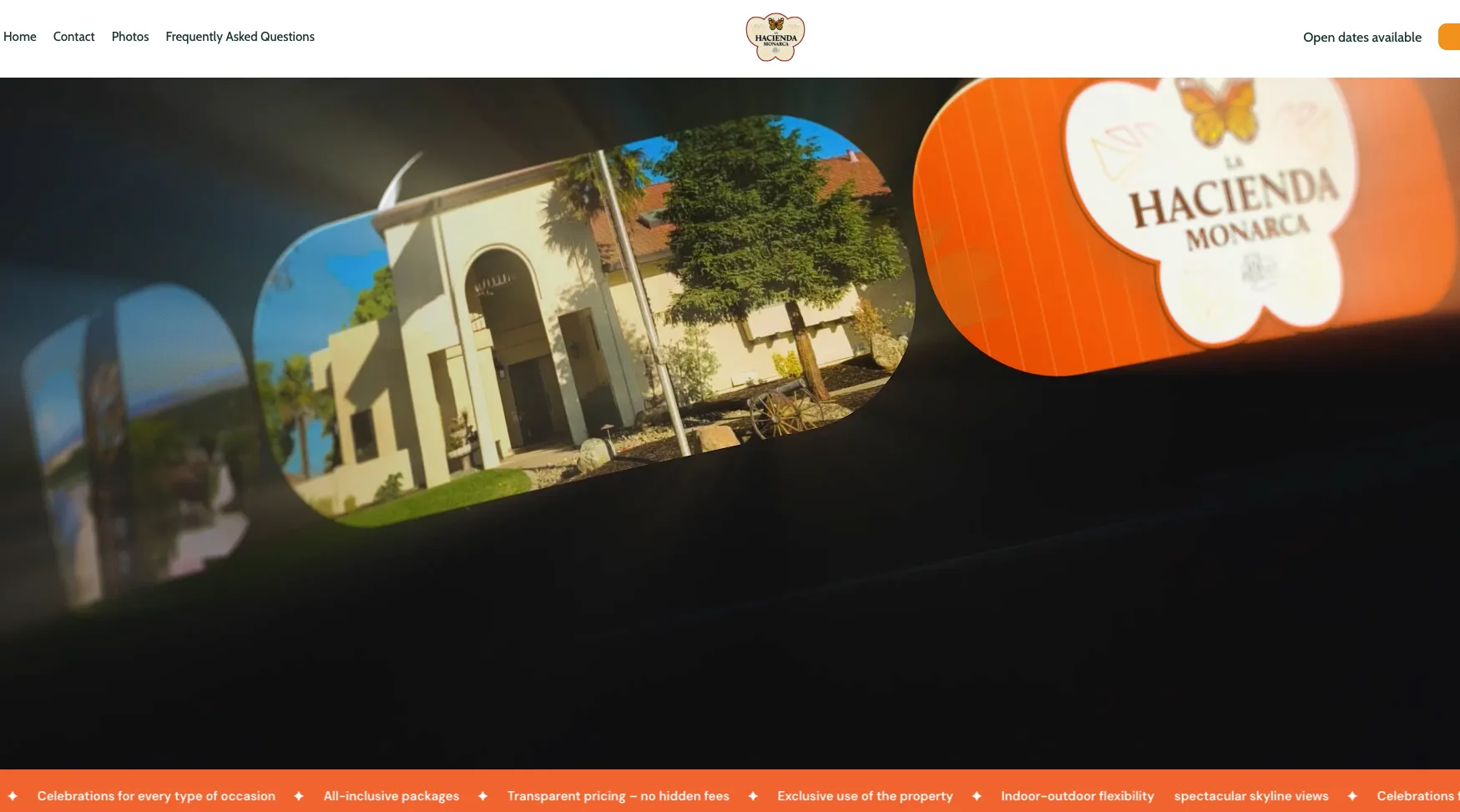 La Hacienda Monarca home page with the venue and logo shown in a stylized reel