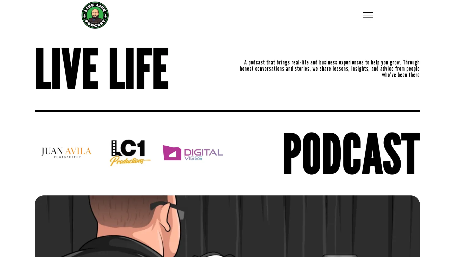 Live Life Podcast home page with the oversized Live Life Podcast wordmark and partner logos