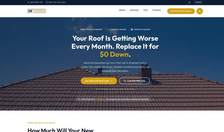 LV Homes home page with the Replace It for $0 Down headline over a tile roof