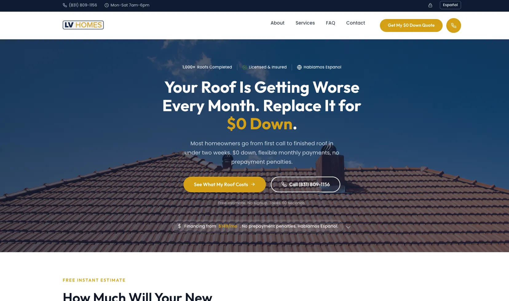 LV Homes home page with the Replace It for $0 Down headline over a tile roof