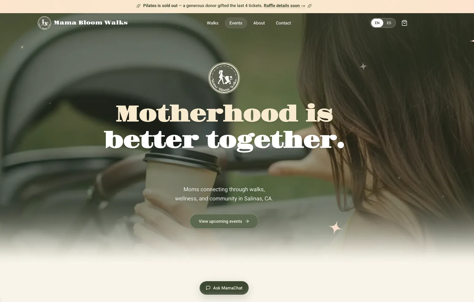 Portada de Mama Bloom Walks con el titular Motherhood is better together