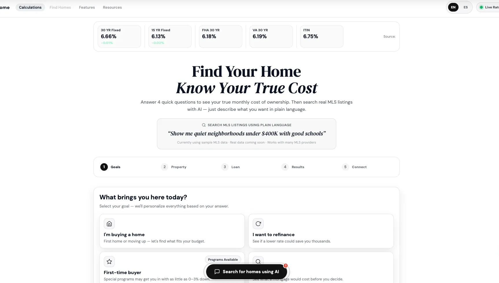 MC Mortgage Calculator with the live rate strip and the Find Your Home, Know Your True Cost headline