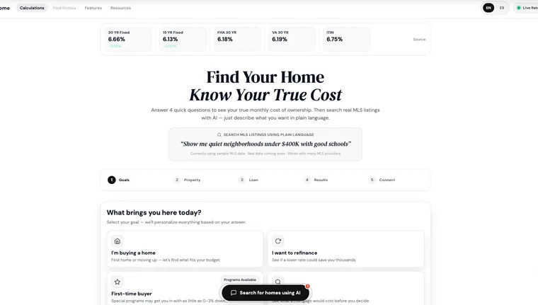 MC Mortgage Calculator with the live rate strip and the Find Your Home, Know Your True Cost headline