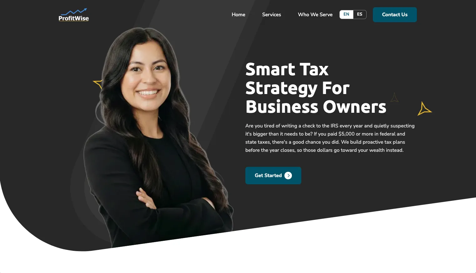 Portada de ProfitWise con la fundadora en un hero oscuro junto al titular de estrategia fiscal para dueños de negocio