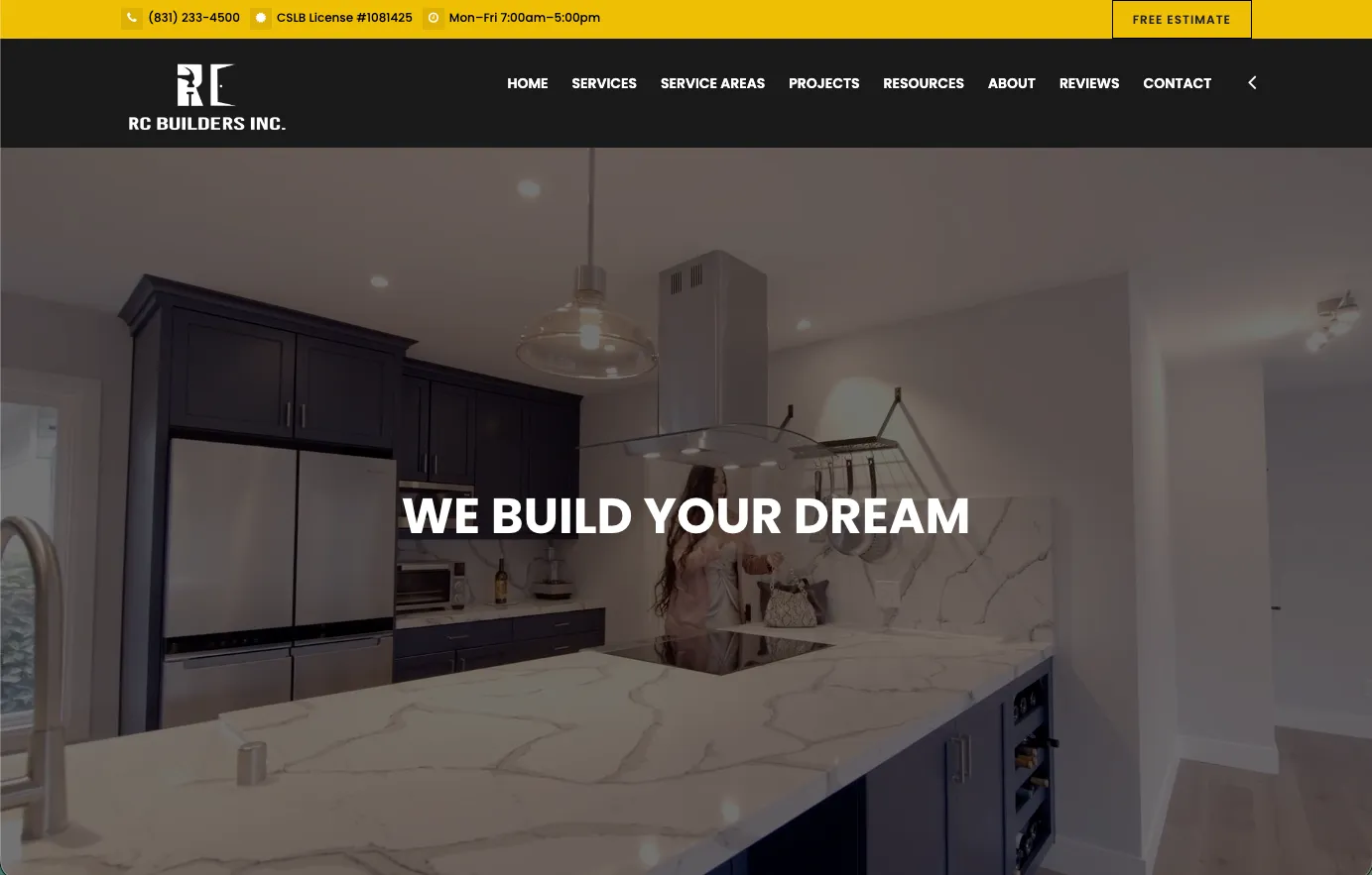 RC Builders Inc. home page with the We Build Your Dream headline over a finished kitchen