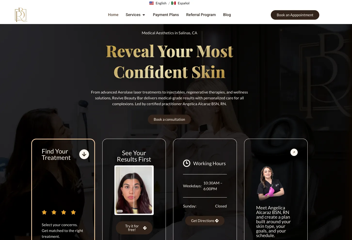 Revive Beauty Bar hero with the treatment, results and hours cards