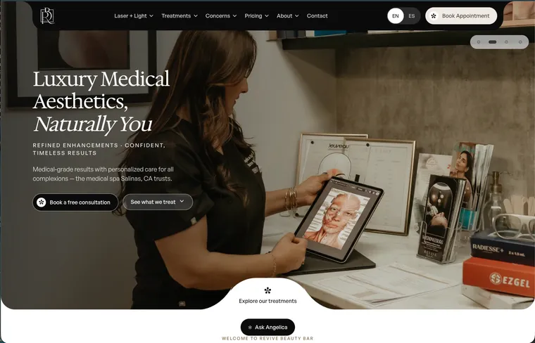 Revive Beauty Bar home page with the Luxury Medical Aesthetics, Naturally You headline and the Ask Angelica button