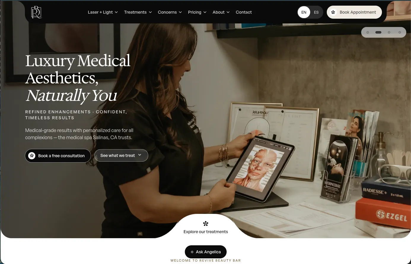 Revive Beauty Bar home page with the Luxury Medical Aesthetics, Naturally You headline and the Ask Angelica button