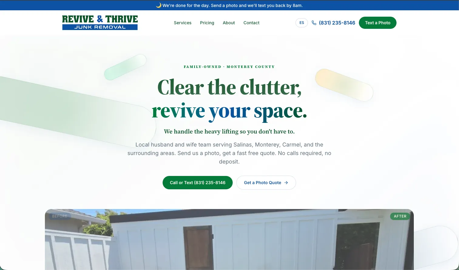 Portada de Revive & Thrive Junk Removal con el titular Clear the clutter, revive your space