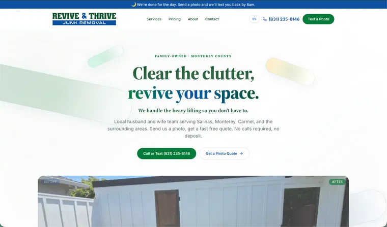 Revive & Thrive Junk Removal home page with the Clear the clutter, revive your space headline