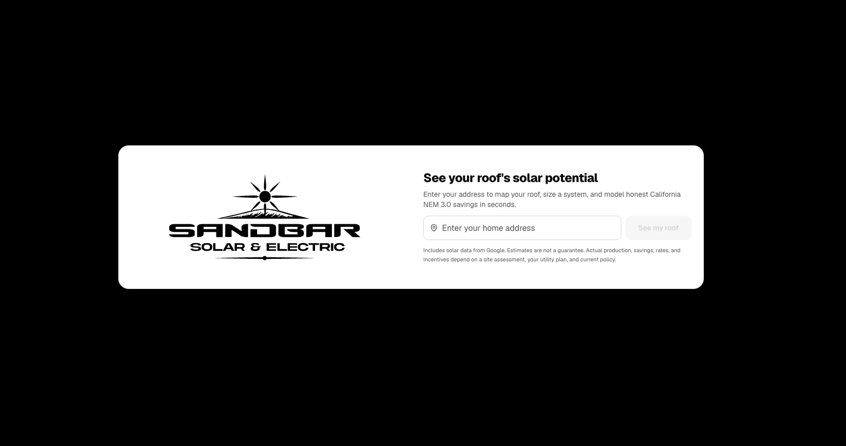 Sandbar Solar & Electric address entry with the See your roof solar potential headline