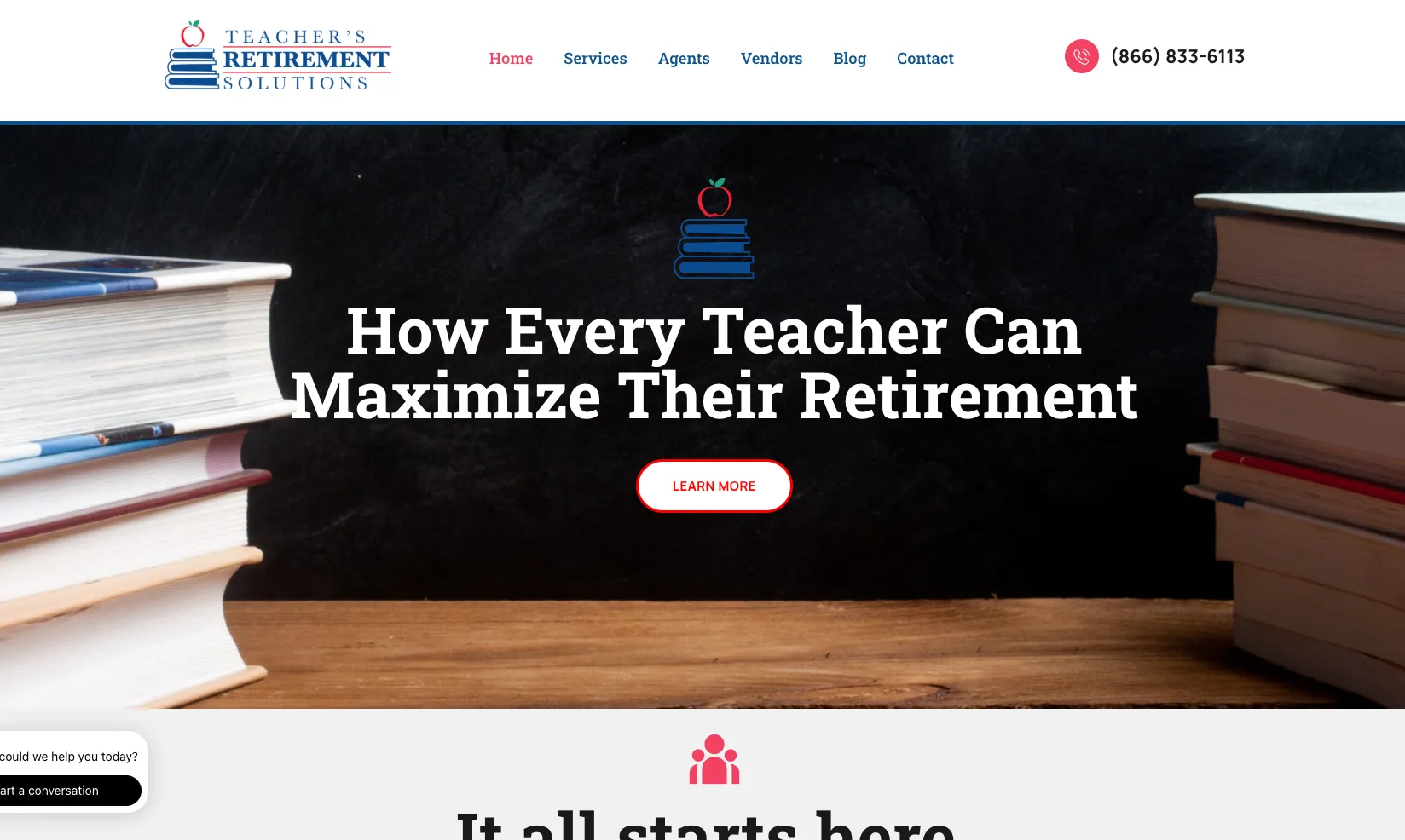 Teacher's Retirement Solutions home page with the How Every Teacher Can Maximize Their Retirement headline
