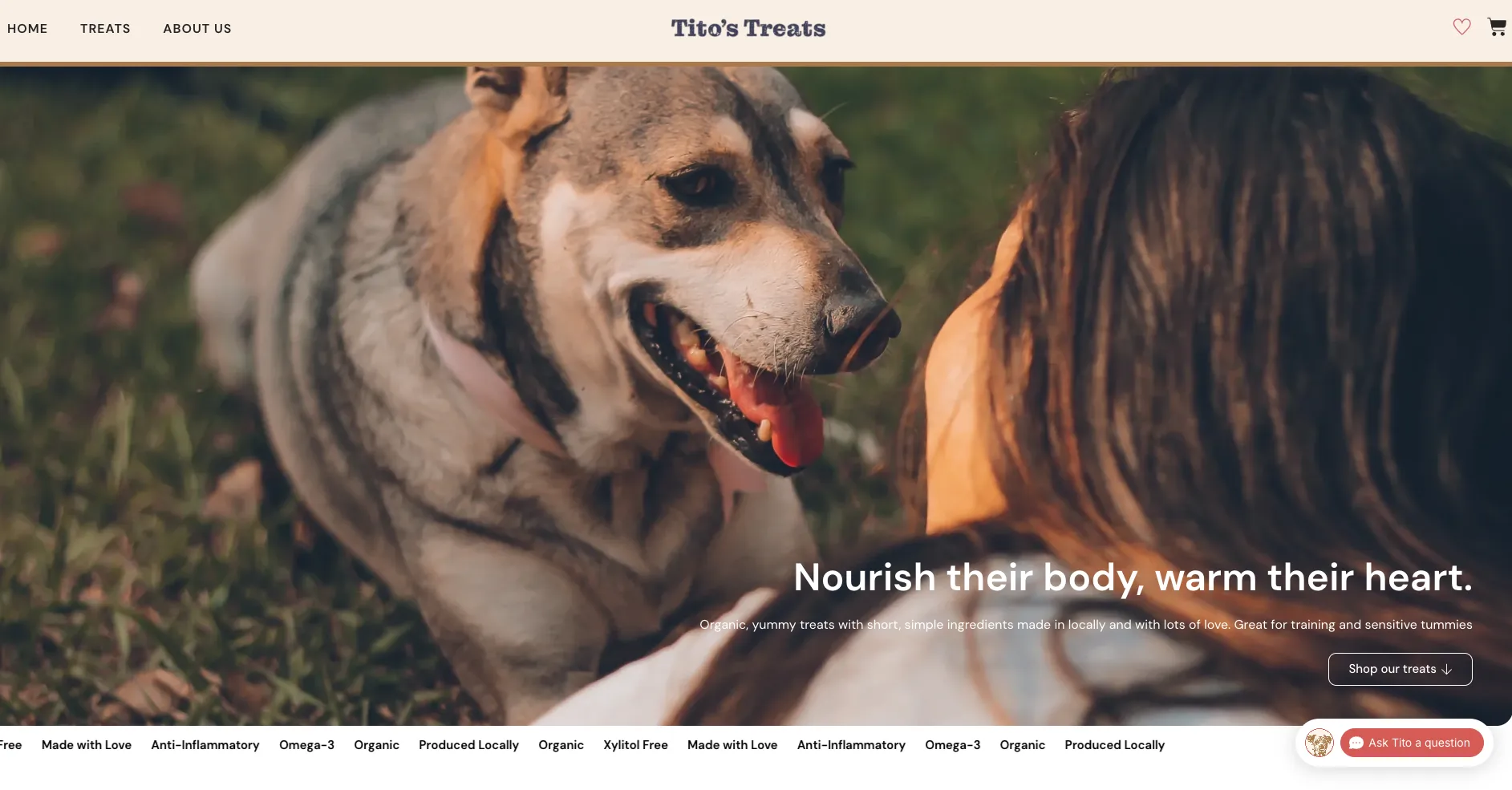 Portada de Tito's Treats con un perro y el titular Nourish their body, warm their heart