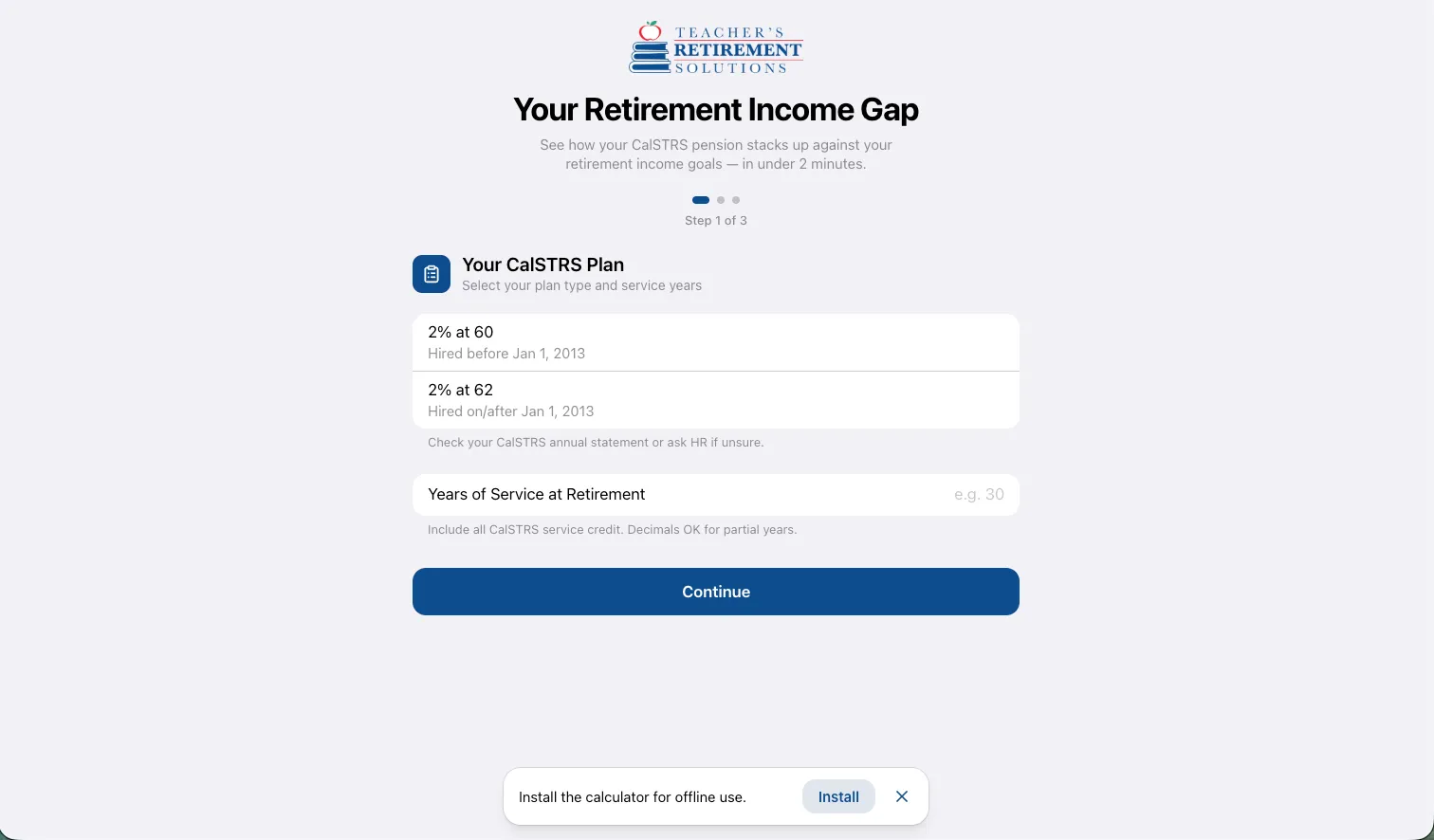 Calculadora Your Retirement Income Gap en el paso uno, eligiendo tipo de plan de CalSTRS