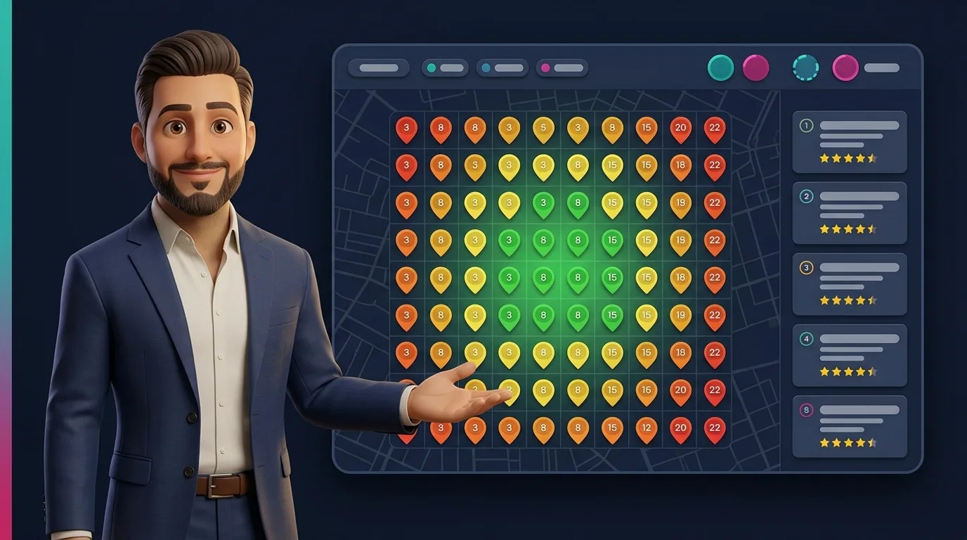 A local rank grid dashboard: a map covered in ranked pins, with the competitor list beside it